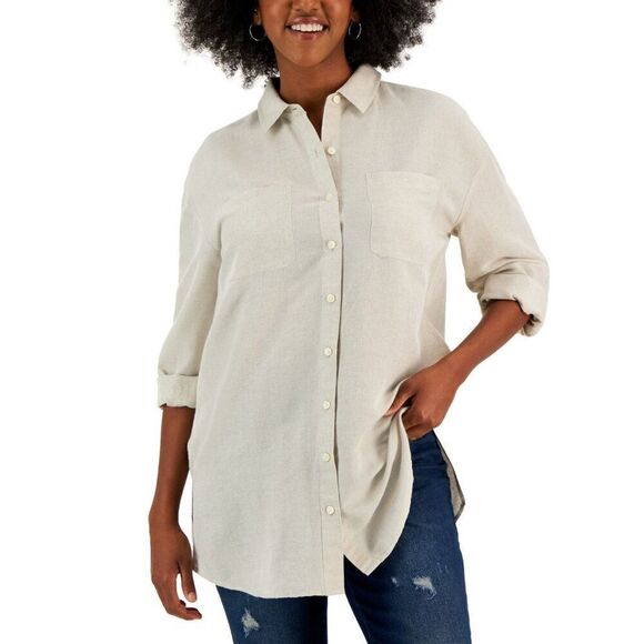 Style & Co Petite Linen Blend Boyfriend Tunic Shirt, Flex, PP - Picture 1 of 9